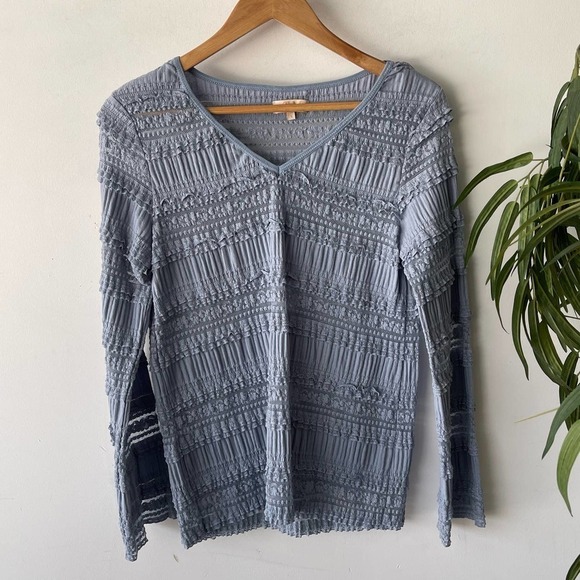 By Timo Shirt Womens Small Blue Longsleeve Lace Panel Ruffle Trim Boho Fairy - Picture 1 of 6